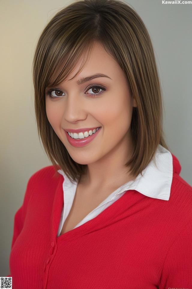 A woman in a red sweater smiles at the camera.