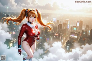 A woman in a red latex outfit standing on a city street.