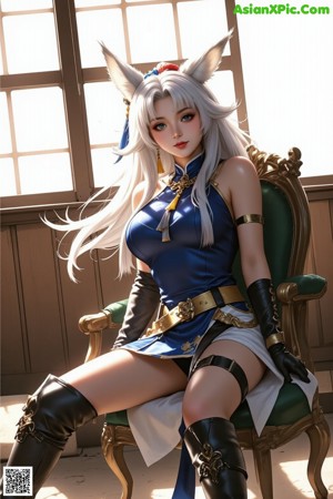 A woman in a blue and white outfit with a cat ears headpiece.