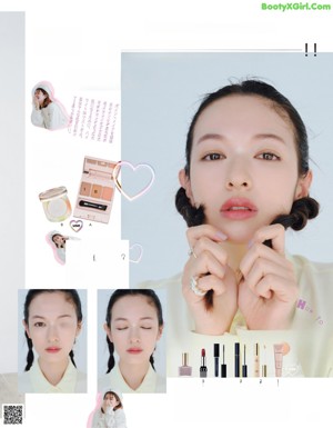 A magazine page with a picture of a woman's face and makeup.