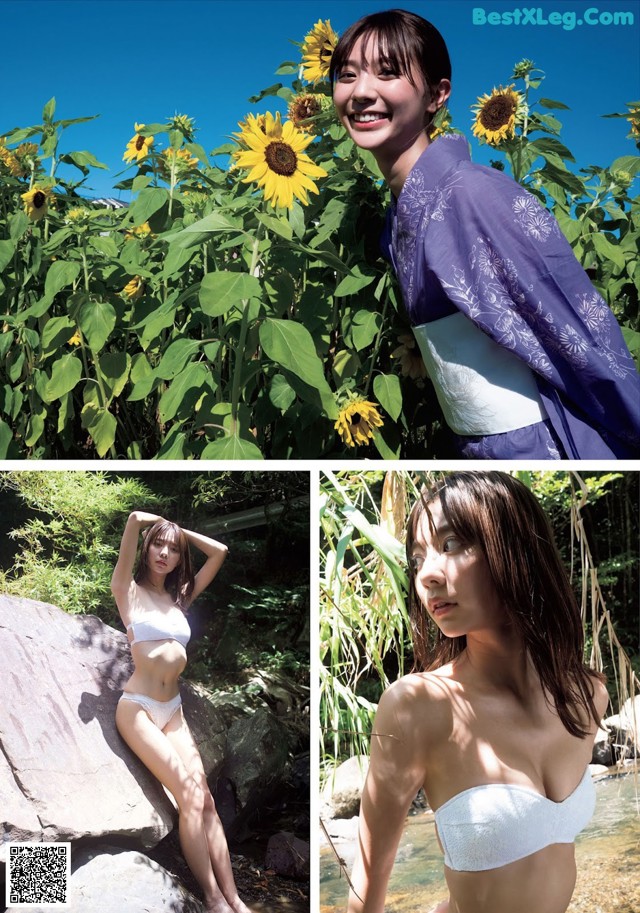 A woman in a bikini posing in front of sunflowers.