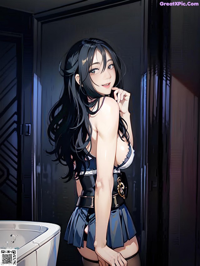 A woman in a maid outfit standing next to a bathtub.