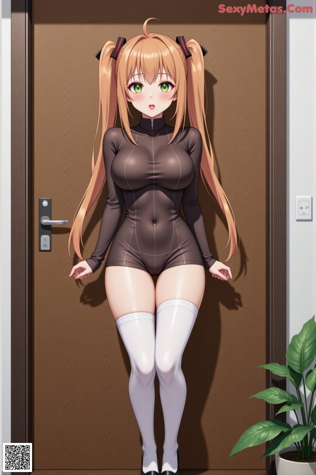 A woman in a black bodysuit and white stockings standing in front of a door.