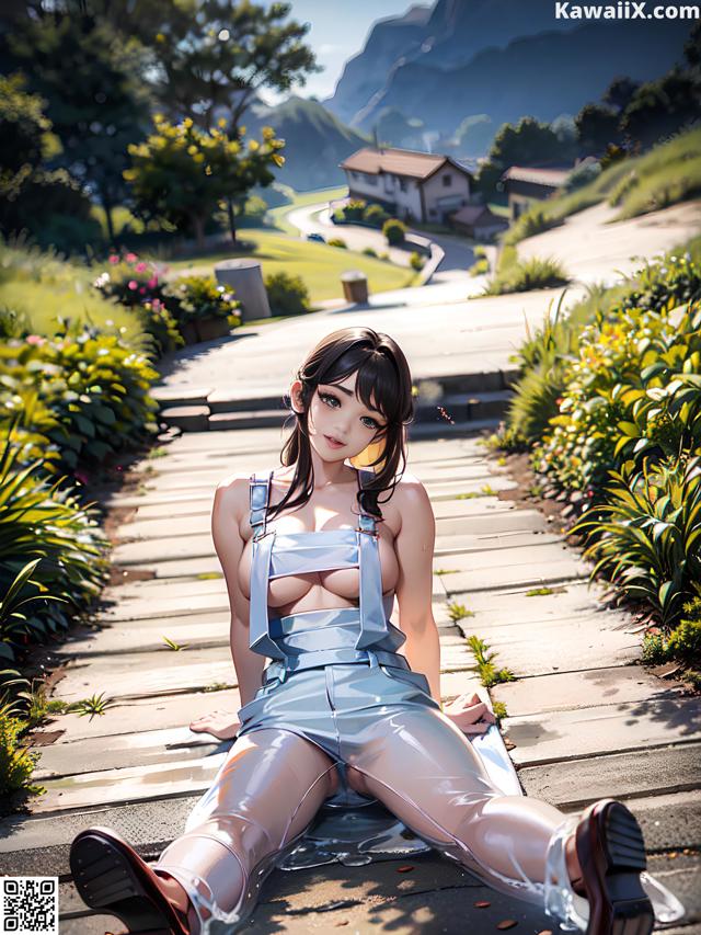 A woman in a blue dress sitting on a wooden walkway.