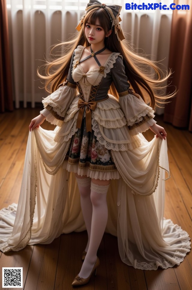A woman in a dress with long hair standing on a wooden floor.