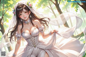 A woman in a wedding dress standing in a forest.