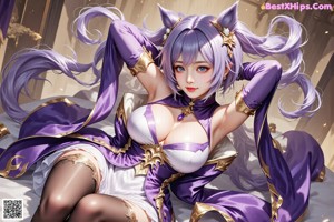 a close up of a woman in a purple dress