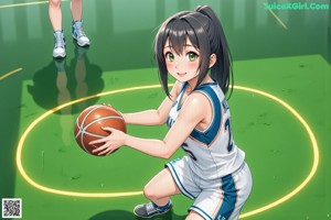 A woman in a basketball uniform standing on a basketball court.