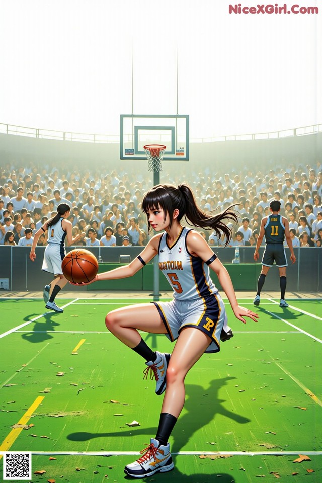 A woman in a basketball uniform dribbling a basketball on a court.