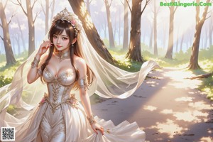 A woman in a wedding dress standing in the woods.