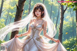 A woman in a wedding dress standing in a forest.