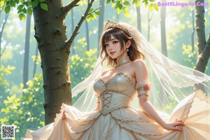 A woman in a wedding dress with a long veil.