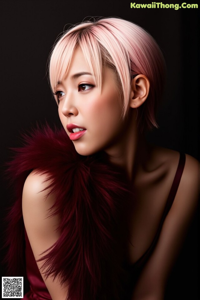 A woman with pink hair wearing a red dress and a fur stole.