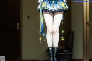 A woman in a sailor outfit standing in front of a couch.
