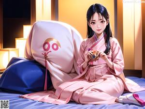 A woman in a kimono sitting on the floor in front of a lamp.