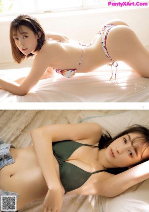 A woman in a black bikini laying on a bed.