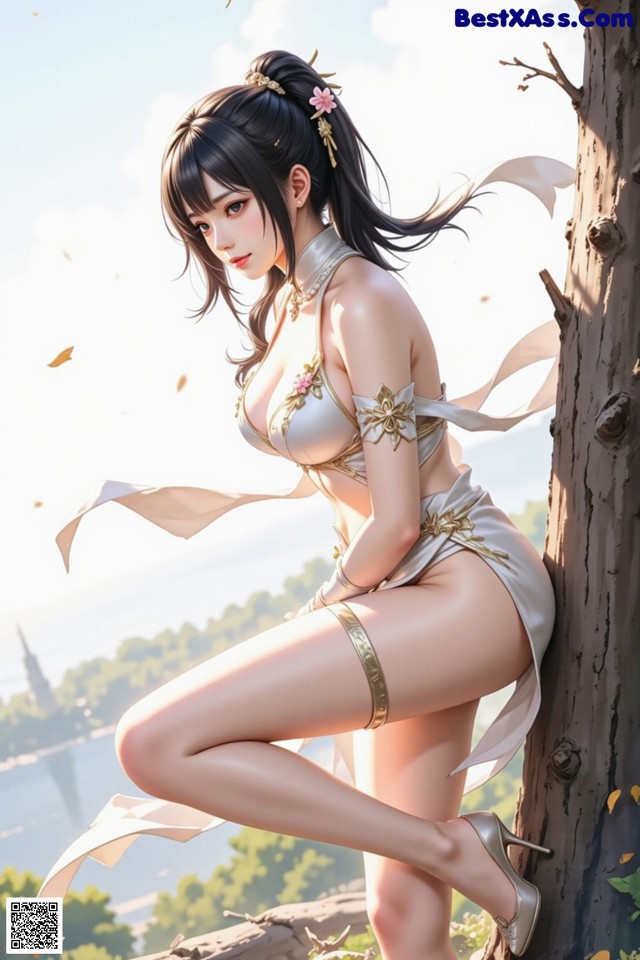 Hentai - The Frozen Elegance That Melts Starlight Set.1 20250104 Part 3 No.64252e A woman in a white dress leaning against a tree.