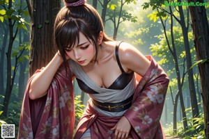 A woman in a kimono posing in the woods.