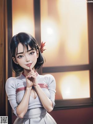 A woman in a white and pink hanbok is posing for a picture.