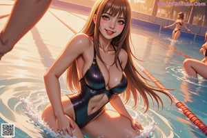 A woman in a black bathing suit standing in a pool.