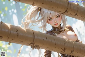 A woman in an elaborate fantasy outfit holds a sword, standing under a floral archway.