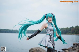 A woman with blue hair wearing a white and gold outfit.
