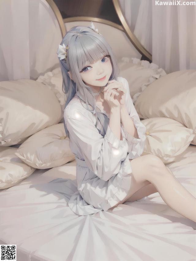 A girl sitting on a bed in a white dress.