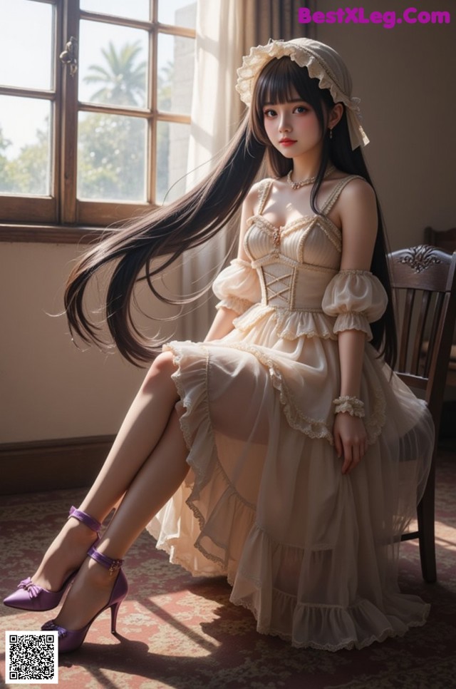 A woman in a dress and hat sitting on a chair.
