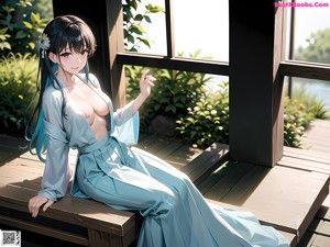 A woman in a kimono sitting on a bed.