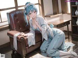 A woman in a blue kimono is posing for a picture.