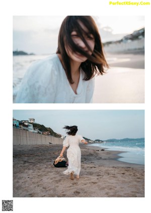 A woman in a white dress laying on the sand.