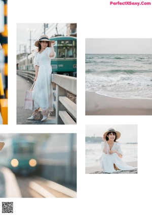 A woman in a white dress sitting on the beach.