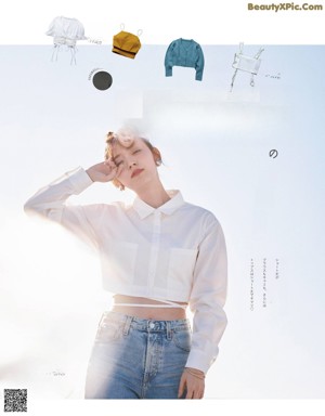 A magazine spread with a woman sitting on a bench.