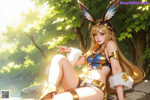 a sexy anime girl with big tits sitting on a chair