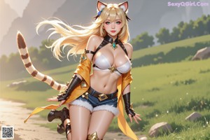 a sexy anime girl with big tits sitting on a chair