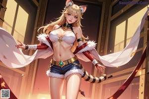 A woman in a white bikini with a cat ears on her head.